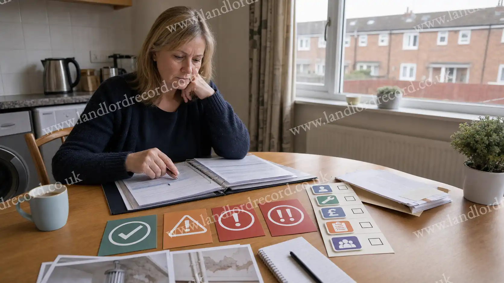Resident reviewing Housing Ombudsman outcome categories and landlord remedy orders in an English social housing flat.