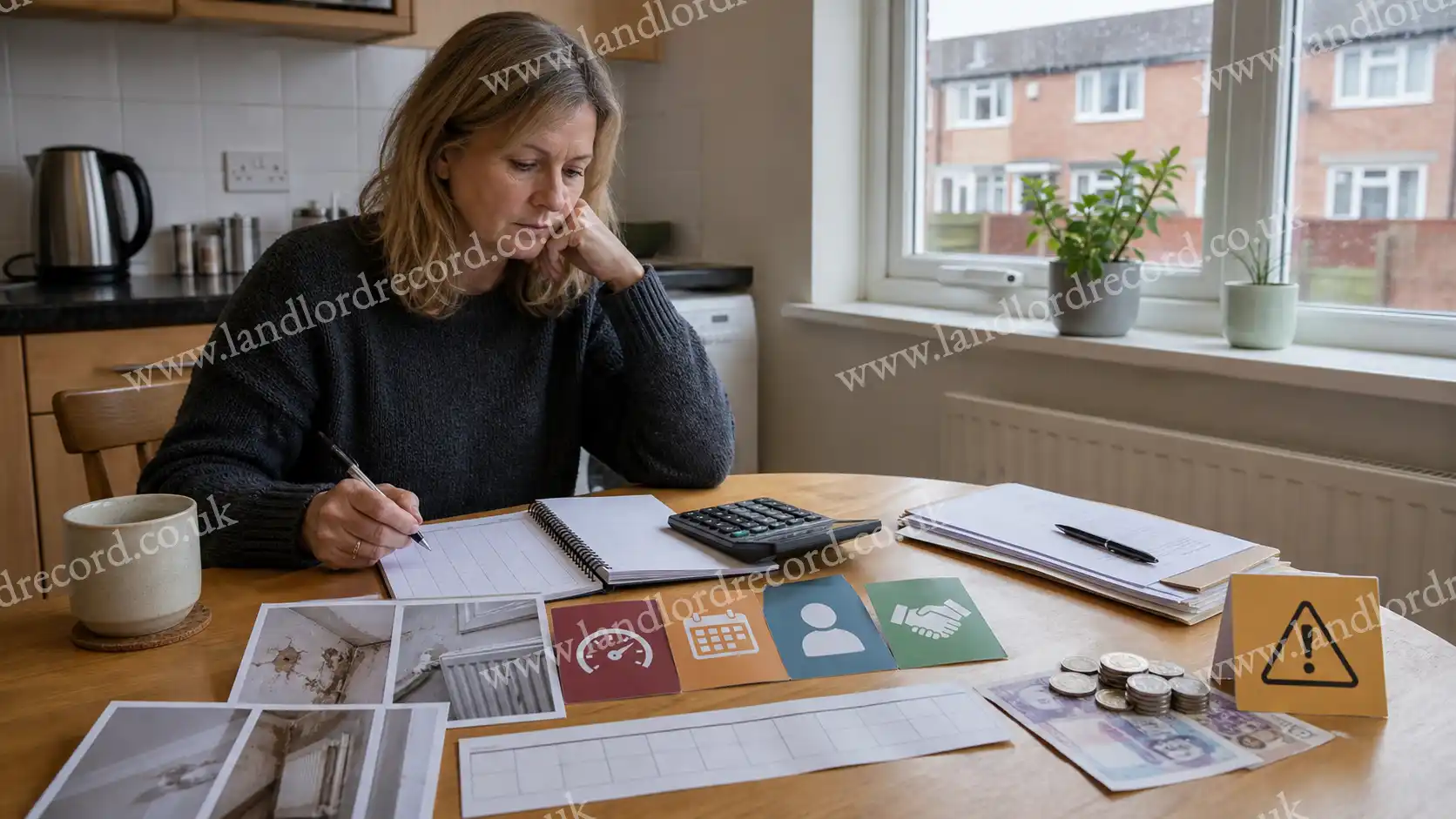 Tenant reviewing repair evidence, severity, duration and impact factors used for Housing Ombudsman compensation.