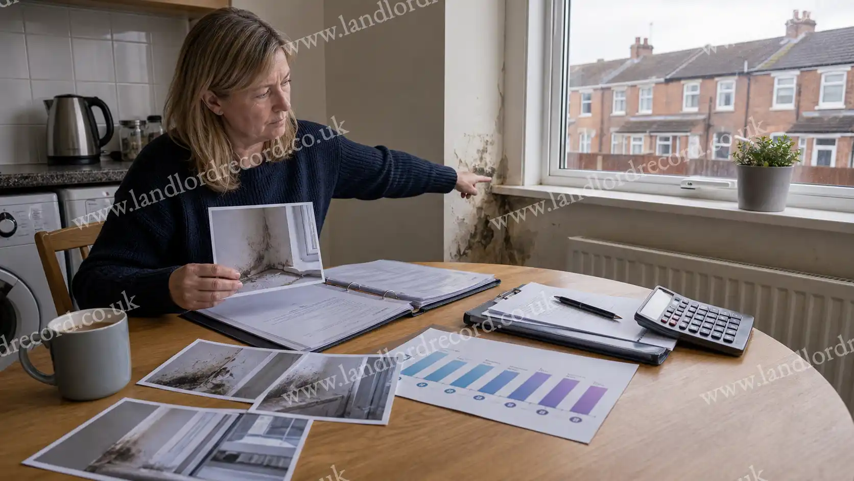 Resident documenting damp and repair-delay evidence for a housing disrepair compensation guide.