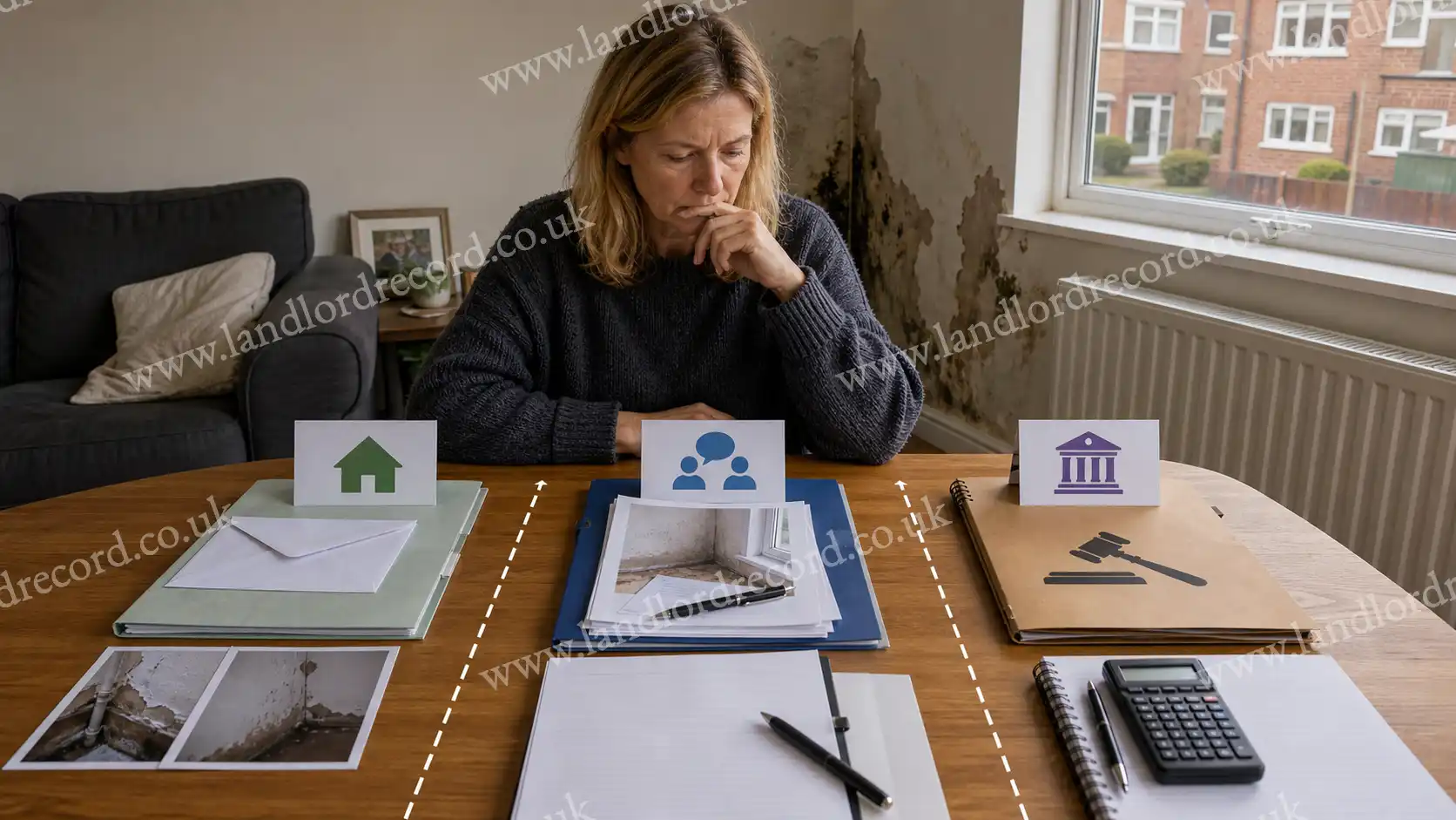 Tenant comparing landlord complaint, Ombudsman and court routes for a housing disrepair claim.