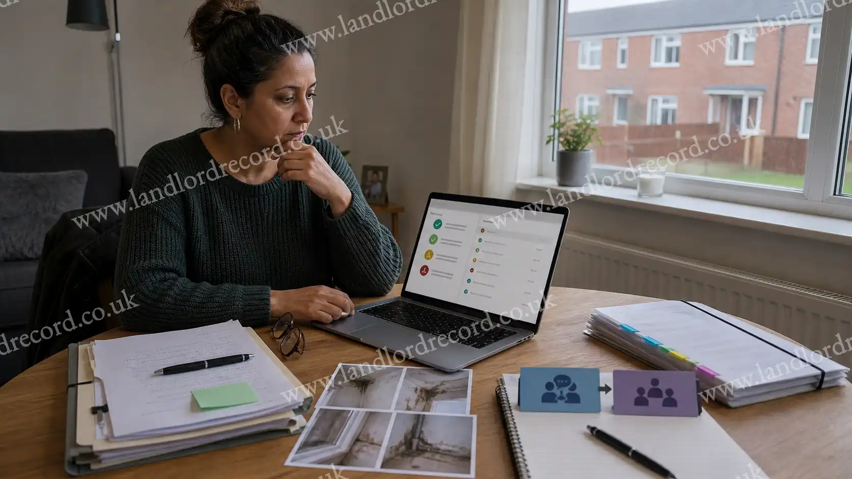 Housing association tenant checking a landlord complaint record before starting a formal complaint.