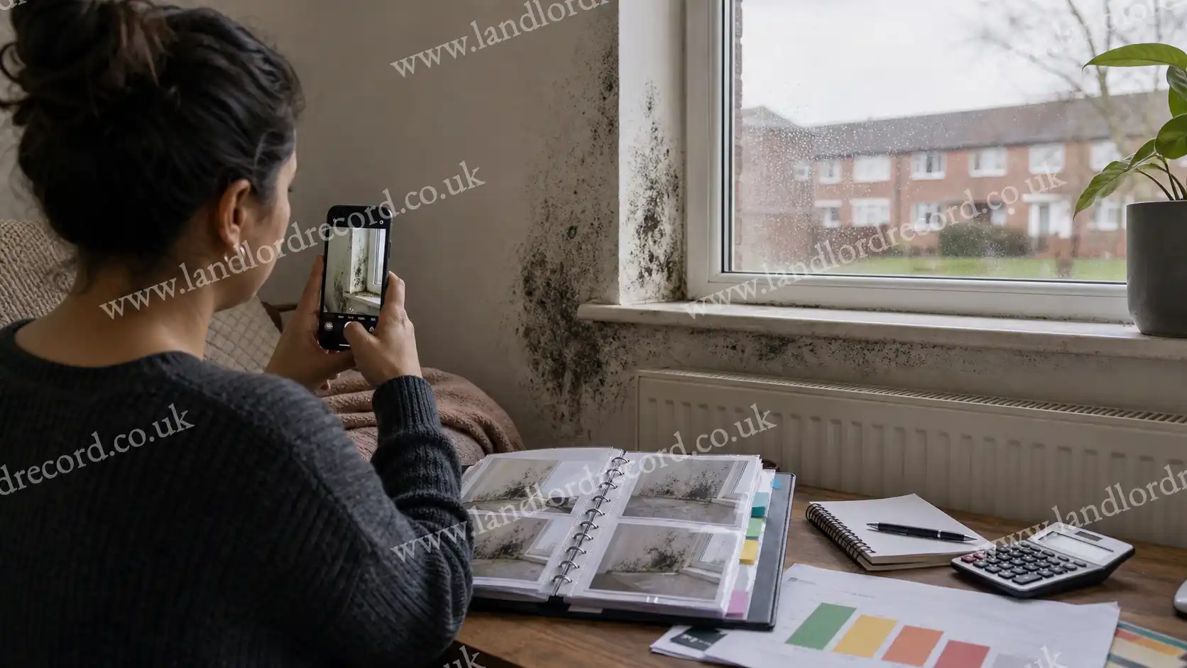 Resident photographing damp and mould evidence for a Housing Ombudsman compensation complaint.