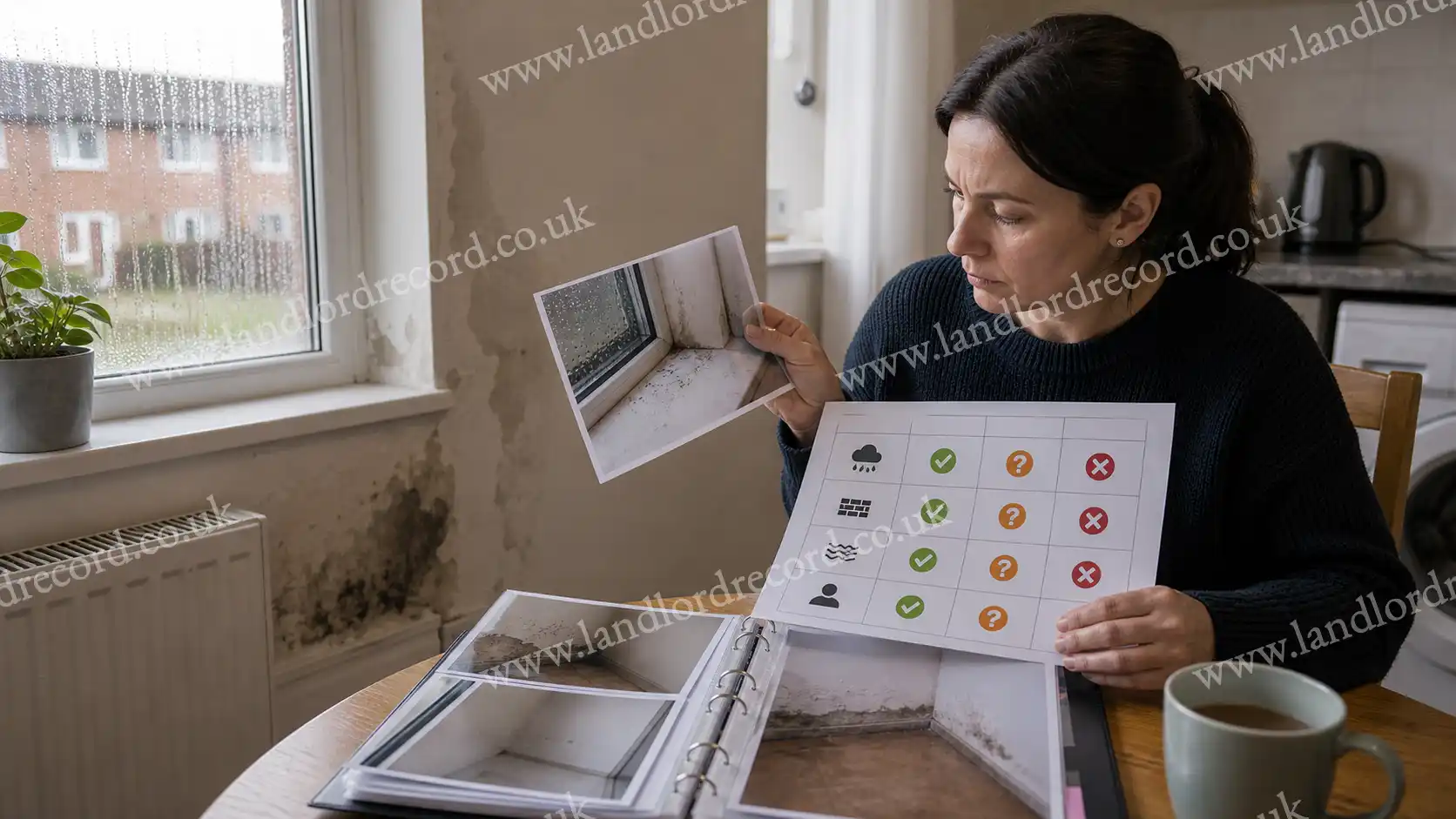 Tenant comparing types of damp and mould against landlord responsibility evidence.