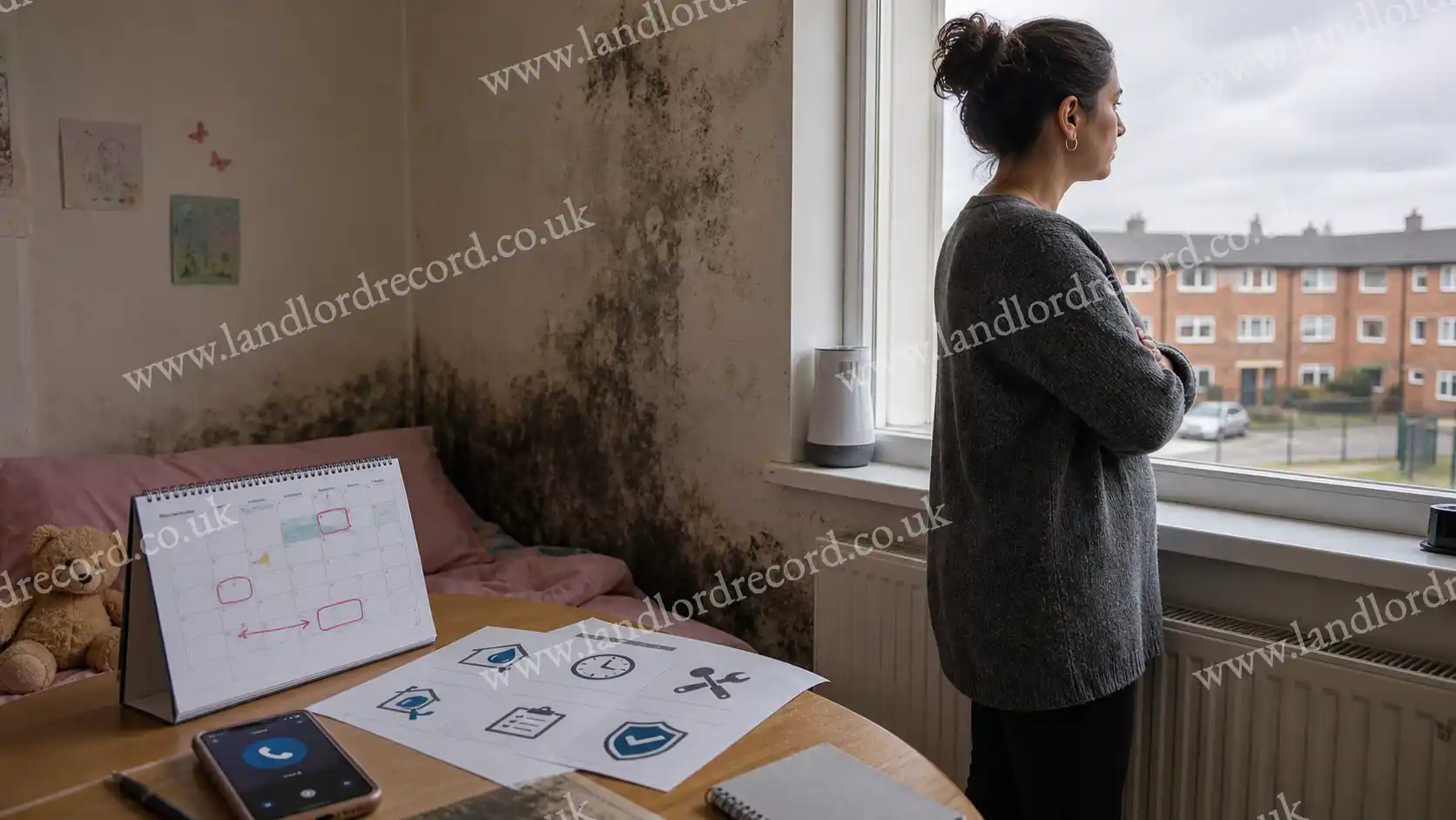 Tenant reviewing damp and mould hazard deadlines under Awaab's Law in an English flat.