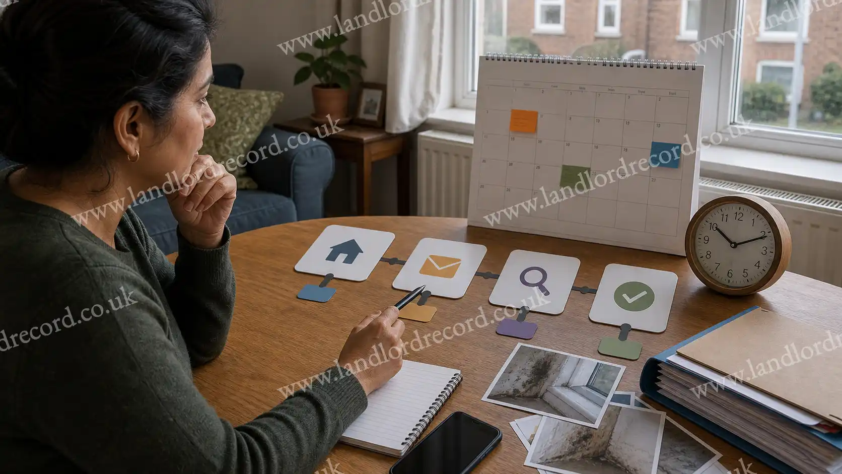 Resident organising a complaint timeline for the Housing Ombudsman process.