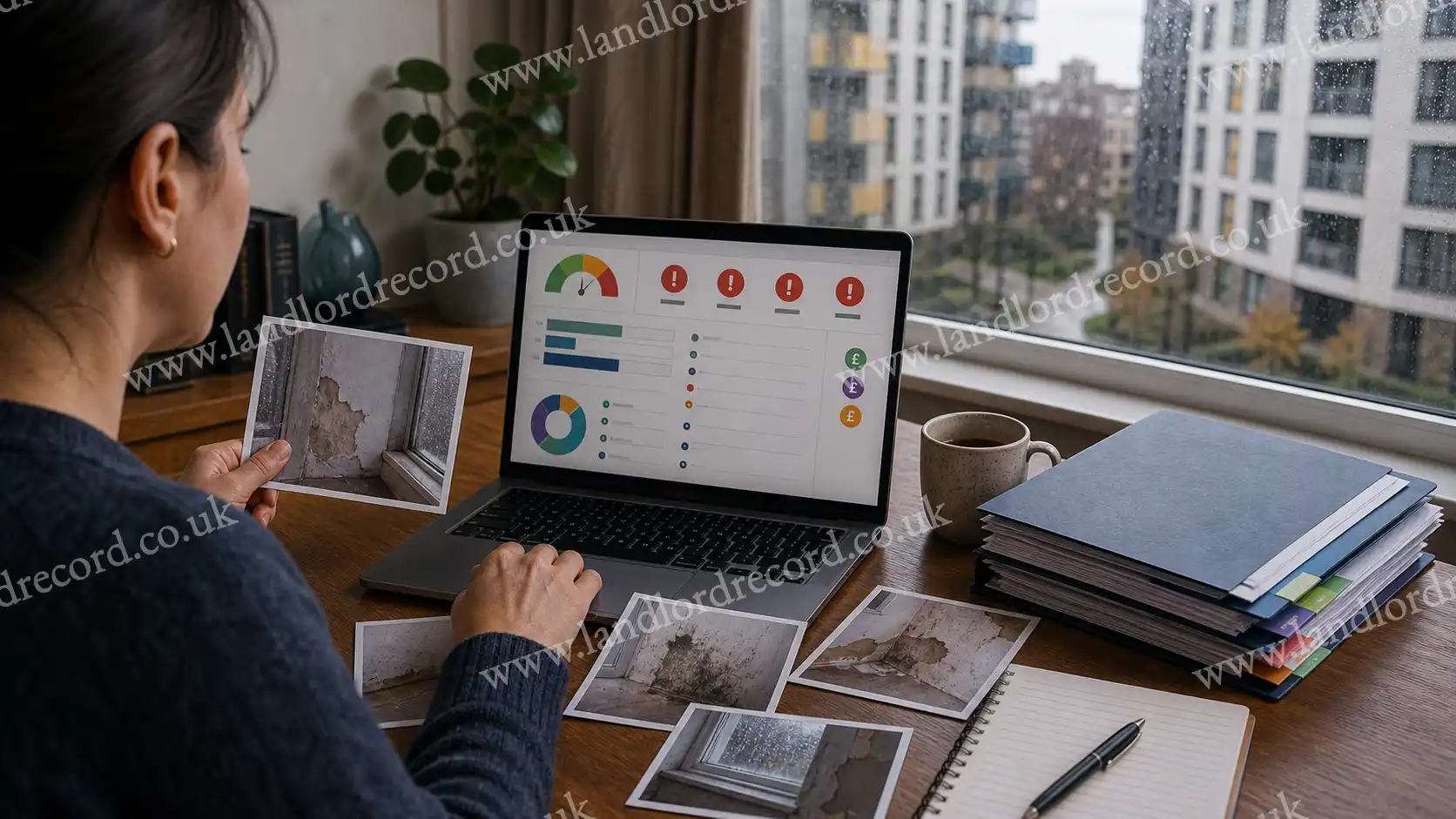 Anonymised landlord complaint profile dashboard beside Ombudsman case evidence.