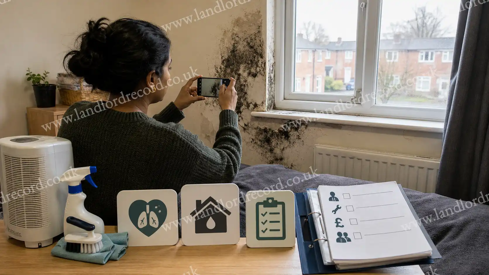 Resident documenting black mould around a window for a rights and health complaint.