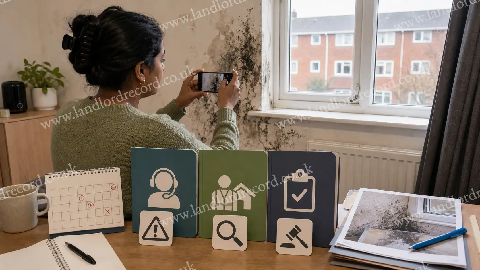 Tenant collecting damp evidence for complaint, council inspection and Ombudsman enforcement routes.