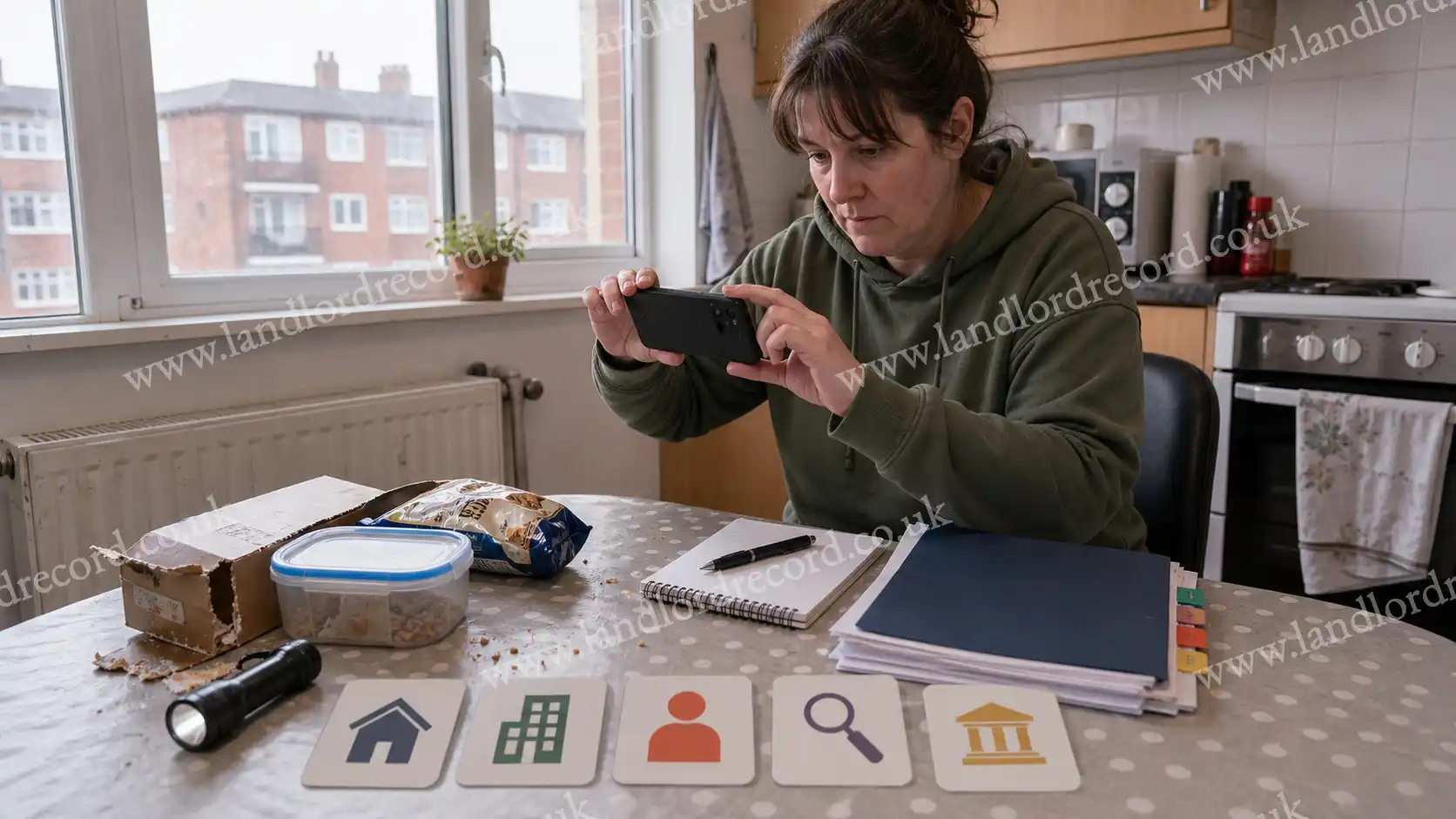Tenant documenting pest evidence and responsibility routes in a social housing kitchen.