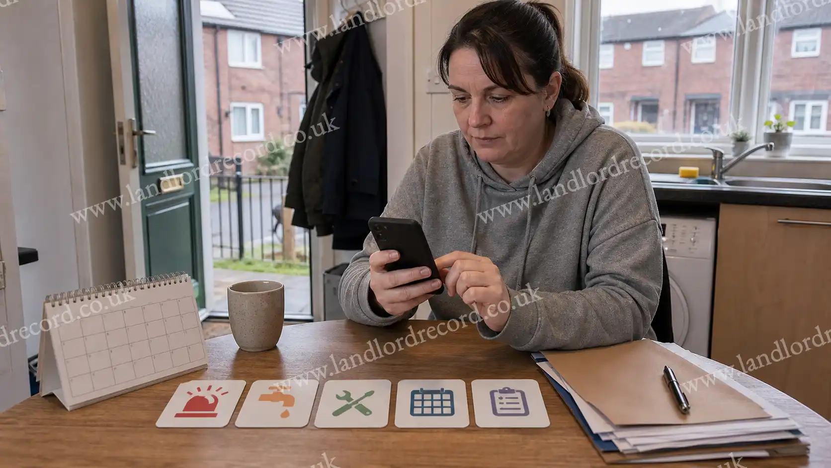 Council tenant reporting a repair and organising repair-category timescale cards.