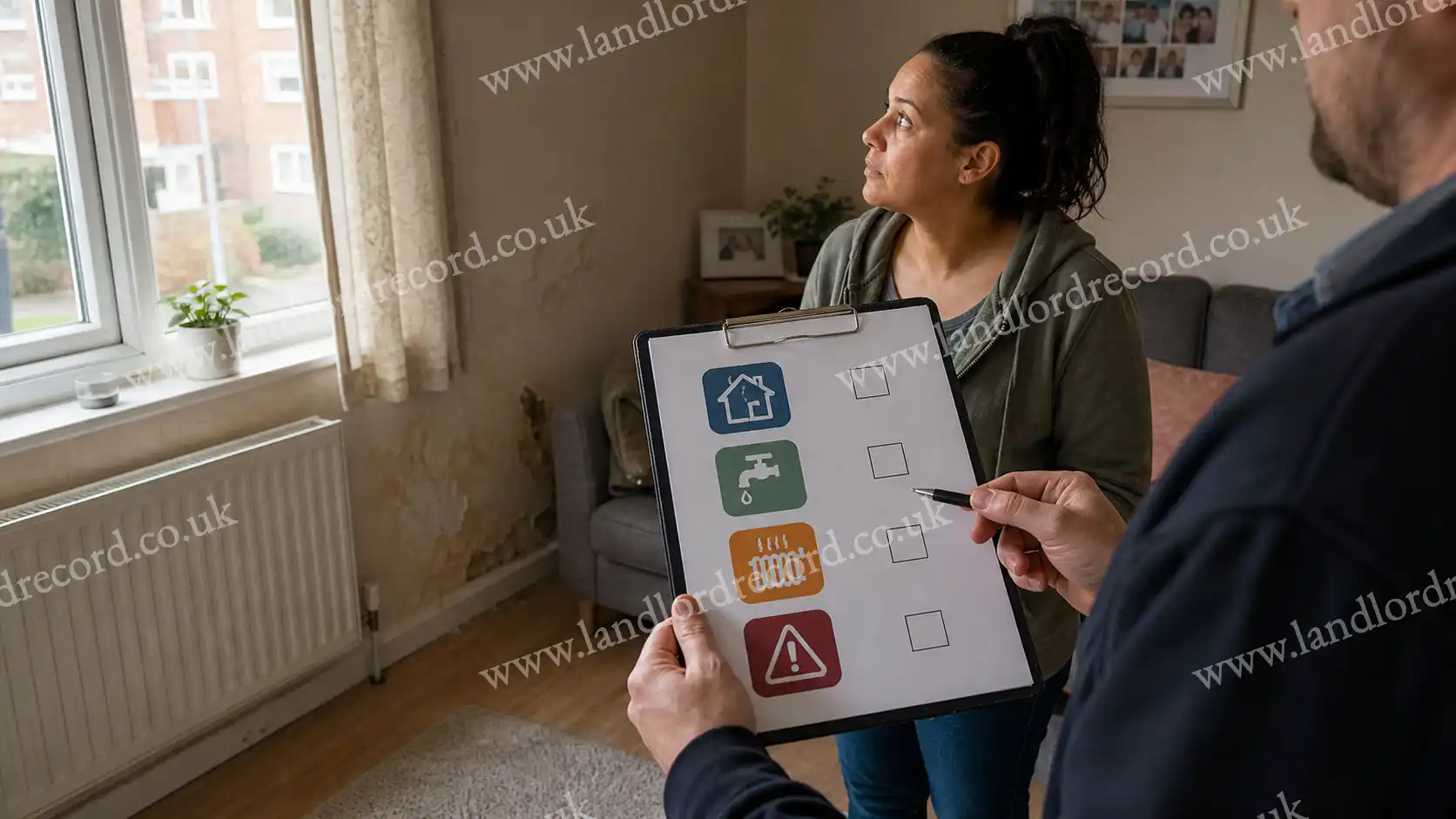 Resident and inspector-style hands checking a flat against Decent Homes Standard criteria.