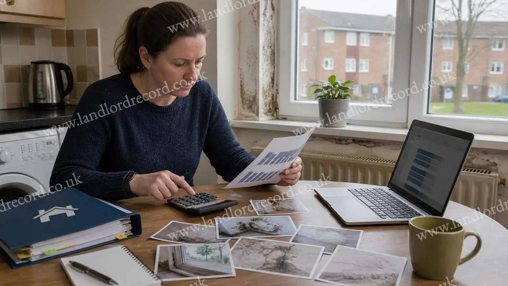 Council tenant reviewing damp evidence and Ombudsman compensation range data.
