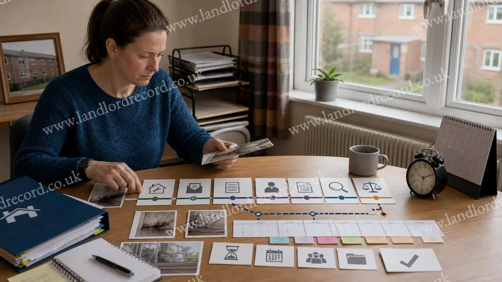 Resident organising a housing disrepair claim timeline across Ombudsman and court routes.