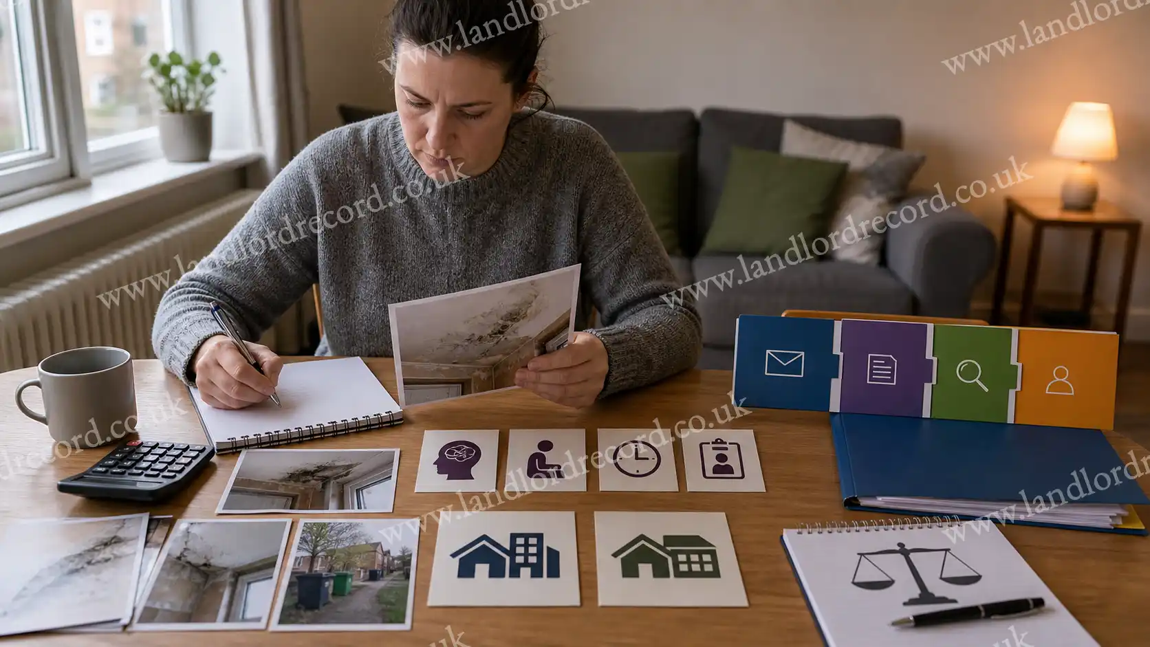 Housing association tenant reviewing compensation claim evidence and complaint-stage documents.