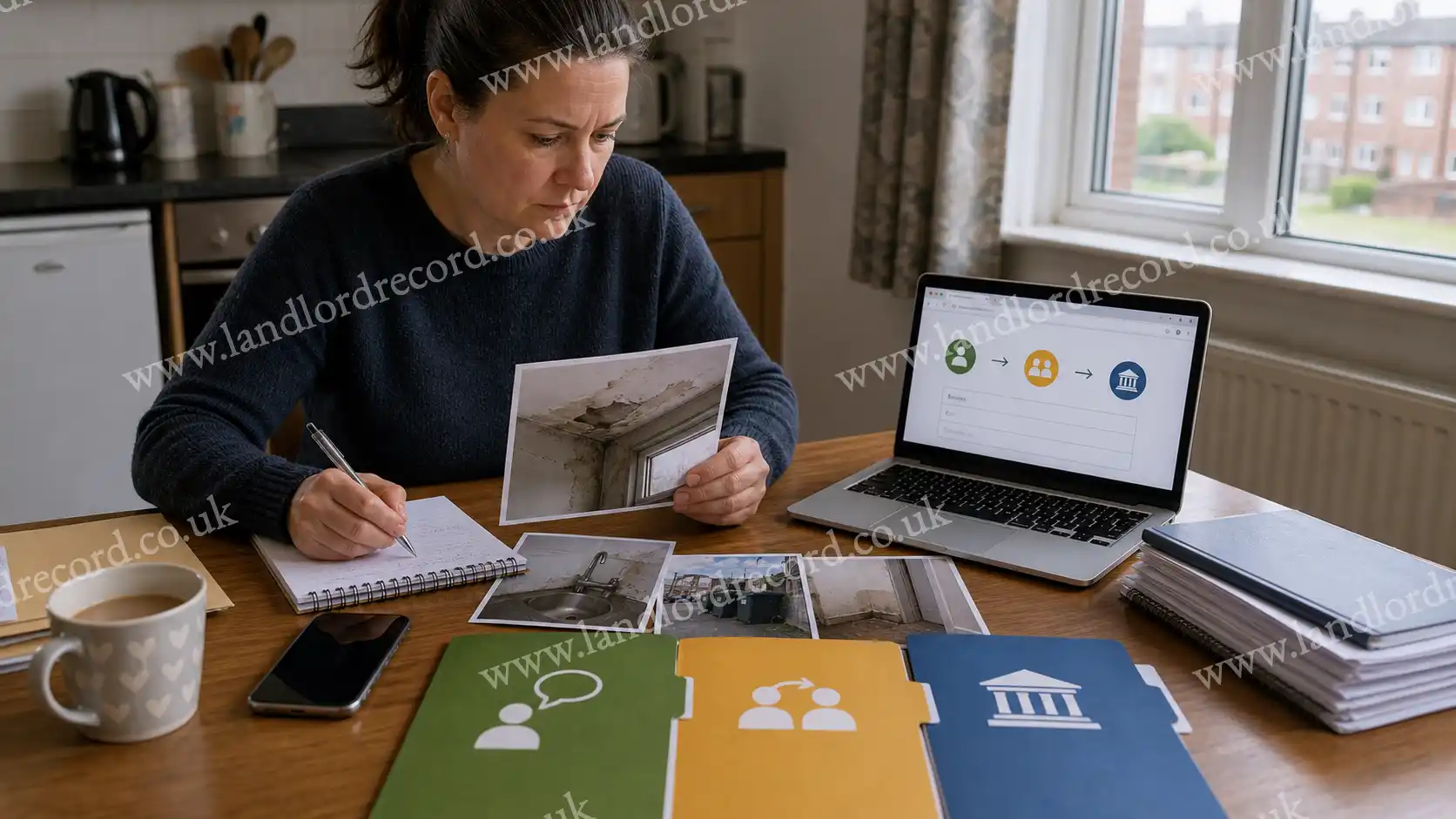 Council tenant arranging Stage 1, Stage 2 and Ombudsman complaint documents.