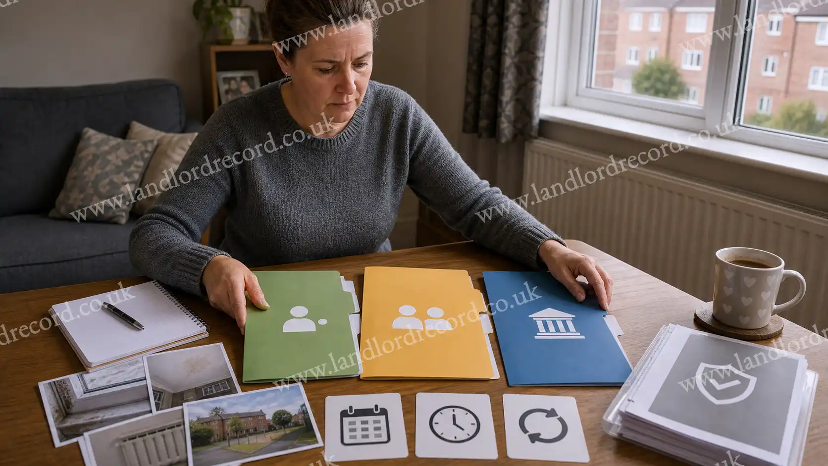 Resident organising Stage 1, Stage 2 and Ombudsman folders for a social housing complaint.