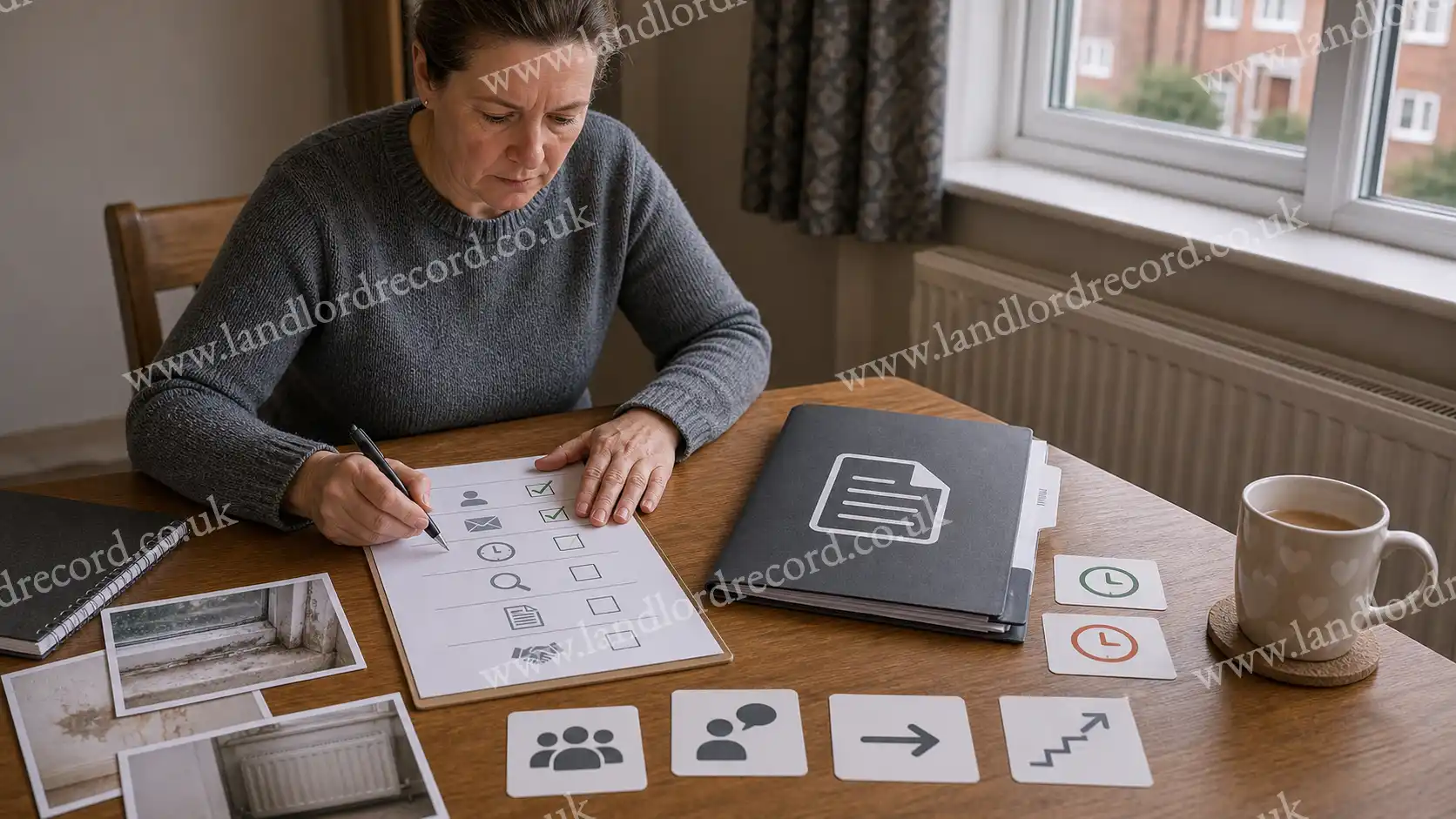 Resident using a Complaint Handling Code checklist beside landlord response evidence.