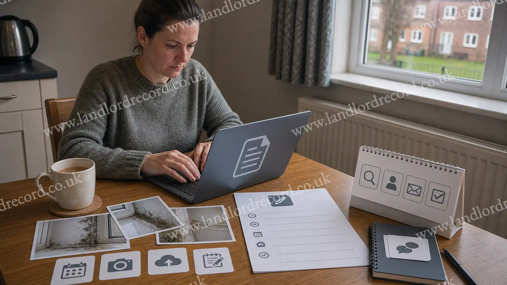 Tenant drafting a formal housing complaint letter with evidence and remedy checklist.
