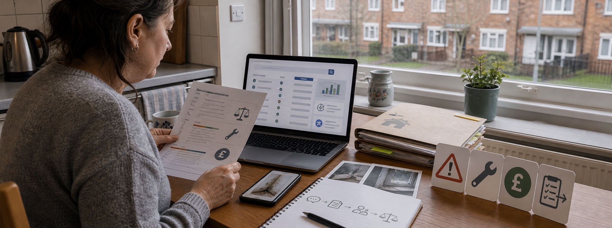 Resident reviewing Housing Ombudsman case evidence and complaint guidance in an English social housing flat.