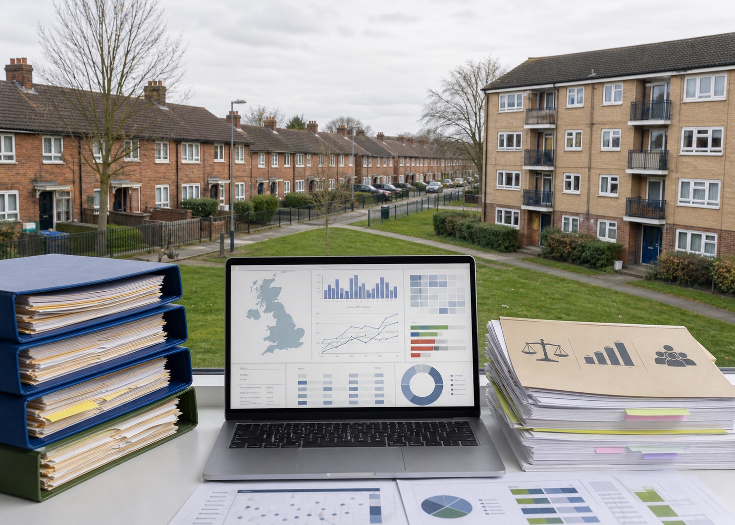 English social housing estate with public record data and Housing Ombudsman source folders.
